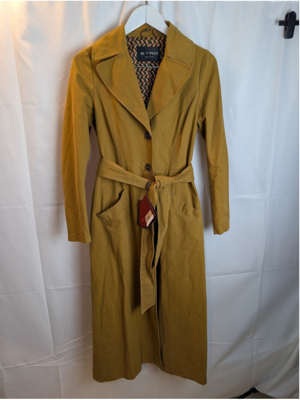 ETRO Milano Mustard Yellow Belted Long Trench Coat Paisley Lining IT 42 US 6 NWT